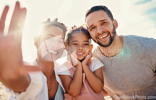 Image of Portrait, parents and selfie of kid at beach for summer holiday, family vacation and travel together in Colombia. Mom, dad and girl child smile for picture, memory and freedom at ocean in sunshine