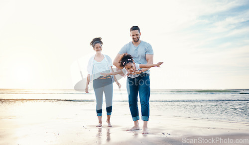 Image of Beach, airplane with father, child and mother, freedom with sunshine and family, happiness and together with games. Travel, adventure and playful, happy people bonding with energy and kid is flying