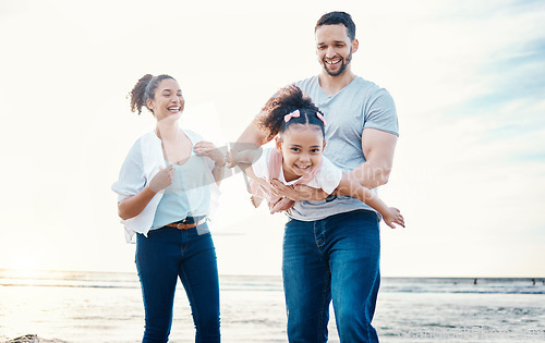 Image of Beach, father and child, airplane and mother with travel, happy family on holiday with energy and playing together. Ocean, adventure and freedom, parents and girl kid flying, happiness and bonding