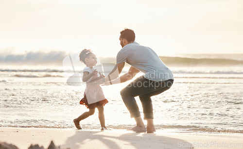 Image of Beach, love and father with girl child in nature with freedom, playing and bonding on summer vacation. Ocean, games and kid running to parent at the sea for travel, fun and holiday in Mexico together