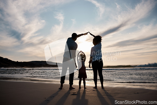 Image of Beach, protection and safety, family and silhouette, parents and kid with back view, travel and solidarity with support. Trust, love and sunset, adventure in nature and people by ocean with insurance