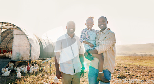 Image of Happy, gay couple and portrait of black family on chicken farm for agriculture, environment and bonding. Relax, lgbtq and love with men and child farmer on countryside field for eggs, care or animals