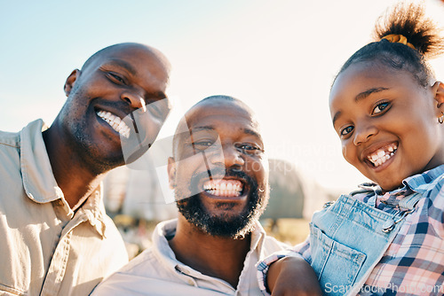 Image of Farm, black family and portrait of parents with girl in countryside for holiday, adventure and vacation. Travel, sustainable farming and lgbtq fathers with child for bonding, relax and fun in nature