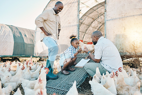 Image of Egg, checklist and chicken with black family on farm for agriculture, environment and bonding. Relax, monitor and love with men and child farmer on countryside field for health, care and animals