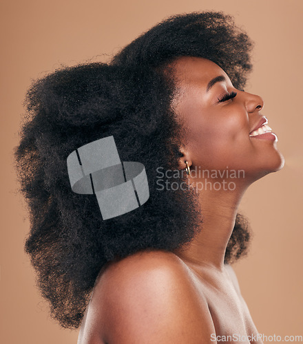Image of Beauty, hair and profile with a natural black woman in studio on a brown background for organic cosmetics. Face, smile and haircare with a happy young afro female person indoor for shampoo treatment