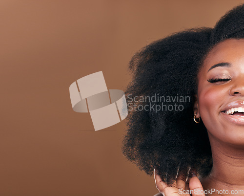 Image of Mockup, closeup and black woman with hair care, smile or cosmetics on a brown studio background. Half, African model or person with aesthetic, salon treatment for afro or wellness with natural beauty