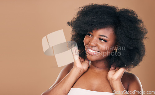 Image of Thinking, black woman and hair care for afro, growth and natural beauty on a brown studio background. Ideas, hairstyle and African model with cosmetics after salon treatment, texture and mockup space