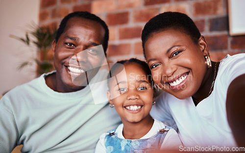 Image of Selfie of black family in home, parents and kid with bonding, love and relax in living room together. Portrait of happy mom, dad and girl child in apartment with smile, man and woman with daughter.