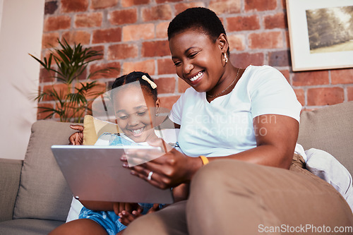 Image of Black family, streaming and mom with girl on tablet in home watching tv online or kid learning with education games on internet. Happy, mother and child on mobile app to relax with social media