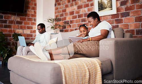 Image of Relax, happy and tablet with black family on sofa for technology, learning and social media. Streaming, website and smile with parents and child in living room of home for watching movies and cartoon