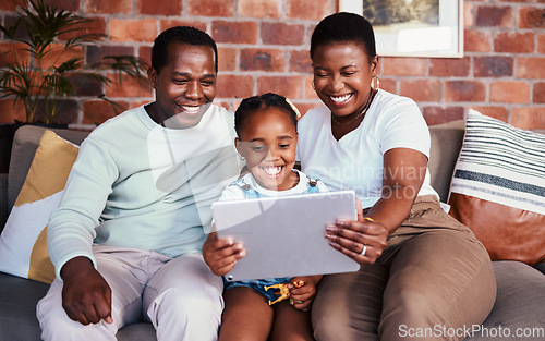 Image of Family, tablet and child with internet on a home sofa for e learning, bonding and time together. Happy man, woman and girl kid in a lounge with technology for education, online game or to watch movie