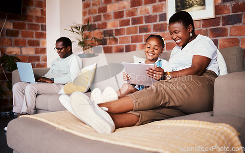 Image of Relax, smile and tablet with black family on sofa for technology, learning and social media. Streaming, website and happy with parents and child in living room of home for watching movies and cartoon