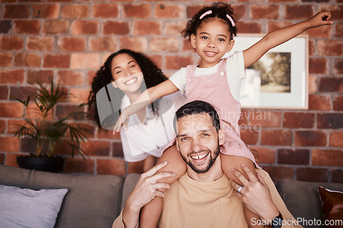 Image of Portrait of happy family in home, parents and kid on sofa with piggy back, bonding and relax in lounge. Mom, dad and girl child on couch in apartment with playful man, woman and daughter together.