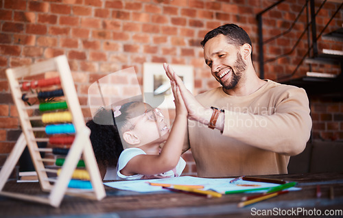 Image of Homework high five, happy and father with child for success in math, counting or a project. Home, celebration and dad, girl kid or family with hand gesture for support on education or learning goal