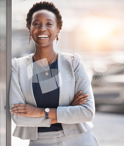 Image of Smile, happy and portrait of black woman accountant confident and ready for finance company growth or development. African, corporate and young employee or entrepreneur in Nigeria startup business