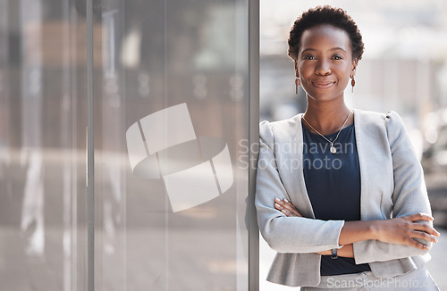 Image of Balcony, proud and portrait of black woman accountant confident and ready for finance company growth or development. African, corporate and young employee or entrepreneur in Nigeria startup business