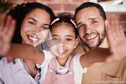 Image of Selfie of happy family in home, parents and kid with smile, bonding and relax in living room. Portrait of mom, dad and girl child on couch in apartment with man, woman and daughter together in Brazil