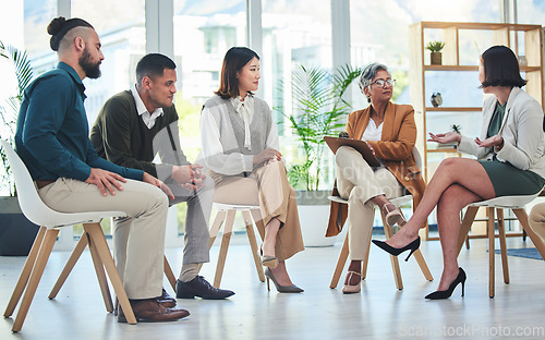 Image of Business people meeting, group and leader listen to plan, sales pitch idea or job report and planning strategy. Teamwork, listening staff and CEO manager, discussion and chat about performance check