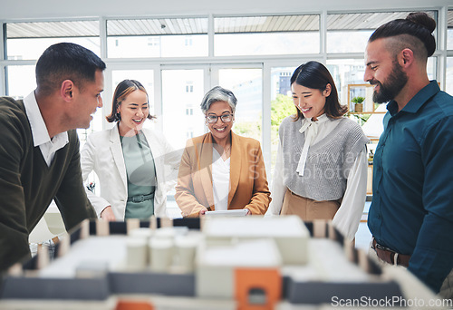 Image of Creative people, real estate and design team in meeting with 3D model, building project or startup at office. Happy group in teamwork, architecture or brainstorming strategy and planning at workplace