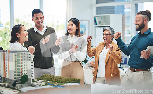 Image of Business, staff and architecture with achievement, celebration and applause for success, growth and real estate development. Excited group, men and women cheering, property and engineer with model