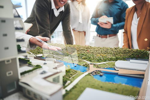 Image of Creative people, hands and real estate with 3d model of building design, architecture or property at office. Closeup of group architect team in meeting, project planning or floor layout at workplace