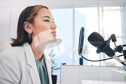 Image of Woman, radio presenter and speech on microphone, thinking and ideas for financial advice on air. Podcast host, recording and business talk show with sound, tech and info on live streaming in studio