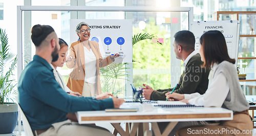 Image of Business people meeting, group and speaker presentation, CEO speech and talking to staff, brainstorming or planning. Collaboration, marketing strategy and team manager discussion on advertising sales