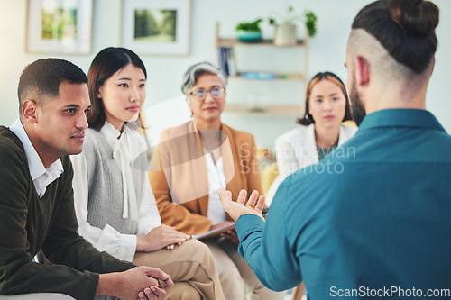 Image of Business people meeting, group and leader talking to diversity staff, brainstorming and planning strategy. Office collaboration, speech and team manager discussion, conversation and chat about sales