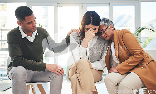 Image of Support, group and psychologist comfort woman in depression, anxiety or trauma stress. Counseling, therapy and people help, community care and empathy, hope or trust, rehabilitation and mental health