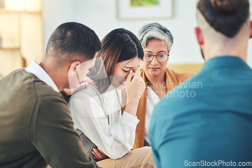 Image of Support, group and psychologist comfort woman in depression, crying or cancer trauma. Counseling, therapy and people help, community care or empathy, hope or kindness, rehabilitation or mental health