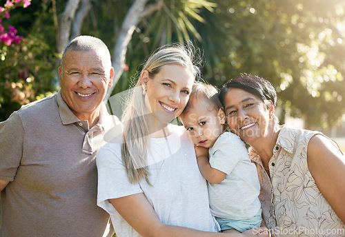 Image of Portrait of baby, mom or grandparents in park for bonding with love, support or care in retirement. Grandfather, child or face of mature grandma with smile on a happy family holiday vacation to relax
