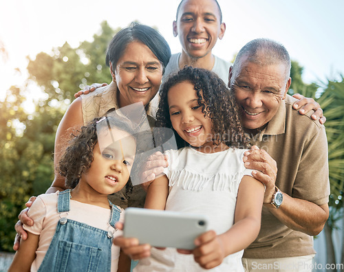 Image of Grandparents, girl and garden selfie with family, outdoor and smile with dad, post and social network in summer. Senior man, woman and children with photography, profile picture or memory on web blog