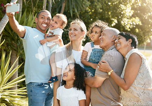 Image of Happy big family, hug and selfie in photography, bonding or outdoor holiday vacation together. Parents, grandparents and children smile for photo, memory or social media on weekend trip or break