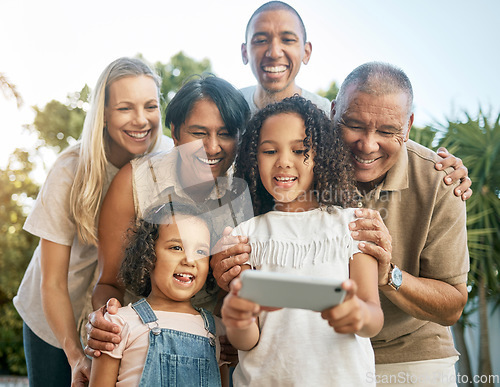 Image of Big family, garden selfie and kids with smile, grandparent and outdoor with mom, dad and post on social network. Senior man, woman and children with photography, profile picture or memory on web blog