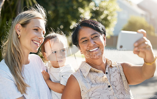 Image of Mom, grandmother and baby take a selfie on holiday vacation for photography in summer together. Social media, mom and grandma bonding or taking outdoor pictures with kid for a happy family memory