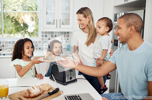 Image of Mom, dad and kids with toast, breakfast and happy in kitchen with interracial love, bonding and care. Parents, young children and together with bread for family, father or work from home in morning