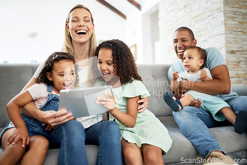 Image of Tablet, laughing and family watching a video or funny, comedy or comic movie together in the living room. Happy, bonding and children streaming a show on digital technology with their parents at home