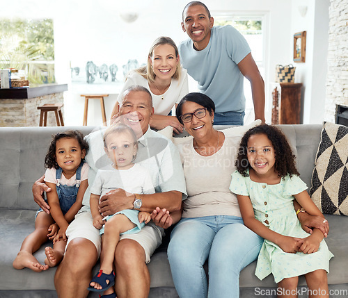 Image of Interracial family, portrait and home with kids love, bonding and parent care with grandmother, mom and child. Happy, smile and living room with children and support together relax with grandparents