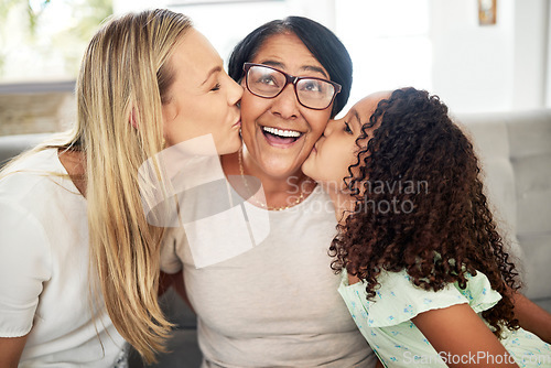 Image of Interracial family, kiss portrait and home with love, bonding and parent care with grandmother, mom and child. Happy, smile and living room with children and support together relax with grandparents