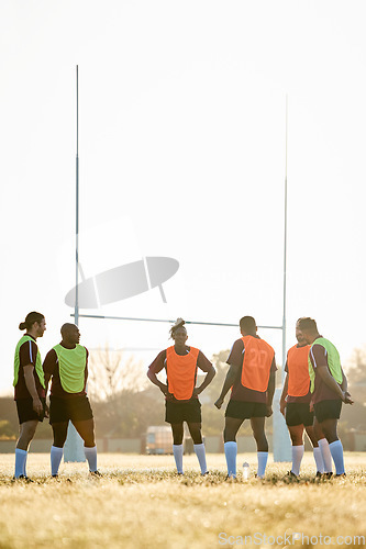 Image of Rugby, training and men on field for motivation at game, match or practice workout together. Sports, fitness and team at poles on grass with energy, talent and inspiration for winning at challenge.