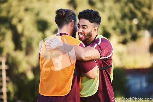 Image of Rugby, sports and team with friends hugging for support, motivation or celebration during training. Fitness, teamwork and success with friendly athlete men embracing outdoor at practice for a game