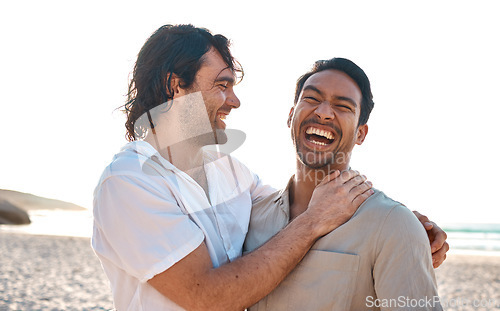 Image of Love, laughing and gay couple on beach, hug and smile on summer vacation together in Thailand. Sunshine, ocean and comic, happy lgbt men embrace in nature for funny holiday with pride, sea and sand.