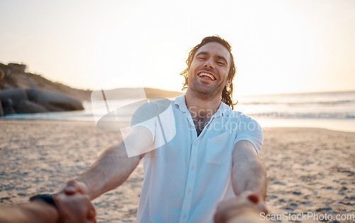 Image of Man, holding hands and beach with pov, smile and excited for love, romance and freedom in sunset by ocean. Couple, together and comic laugh on sand, sea and waves for vacation, holiday or honeymoon