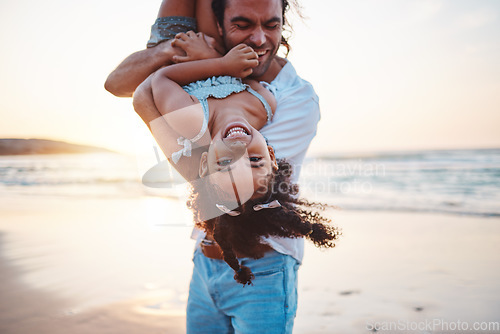 Image of Beach, portrait and father play with girl on holiday, vacation and adventure at sunset. Happy family, summer and child laughing with dad by ocean for bonding, healthy relationship and fun outdoors