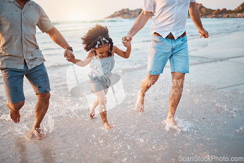 Image of Beach, running and parents holding hands with girl in water on holiday, vacation and adventure. Lgbtq family, summer and happy child with fathers by ocean for bonding, relationship and fun outdoors