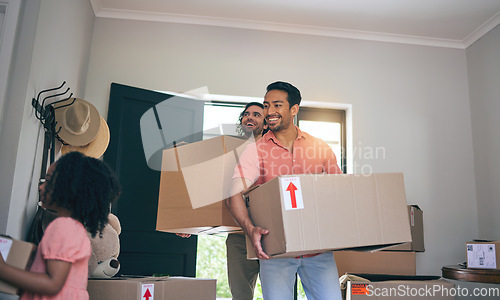 Image of Happy, new home and box moving with child and gay parents with cardboard package and family. Smile, kid and lgbt people together with real estate and property mortgage in a house helping father