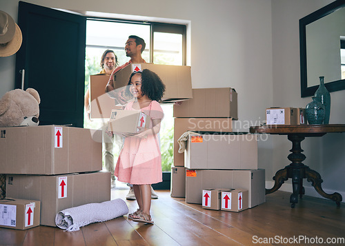 Image of Happy, family and moving boxes with child and gay parents in new home with cardboard package. Smile, kid and lgbt people together with real estate and property mortgage in a house helping father