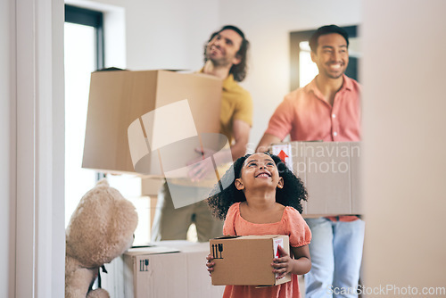 Image of Happy, family and moving box with kid and gay parents in new home with cardboard package. Smile, child and lgbt people together with real estate and property mortgage in a house helping father