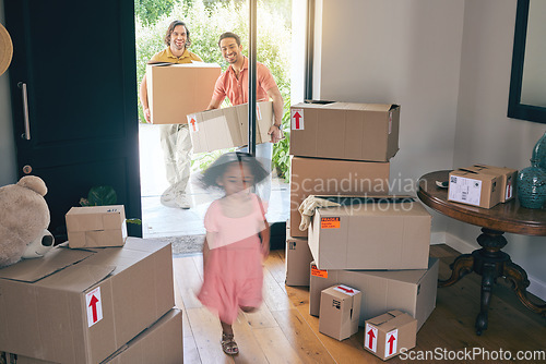 Image of Happy, family run and box moving with child and gay parents in new home with cardboard package. Smile, kid and lgbt people together with real estate and property love in a house helping father