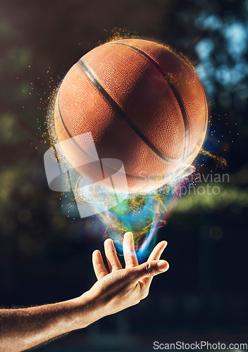 Image of Person, hands and basketball in nature for sports game, match or art on the outdoor court. Man or player with ball and color ready for fitness, playing or athletic practice in championship tournament